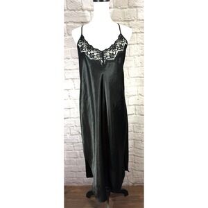 Vintage Black Satin Lace Coquette Dark Feminine Nightgown Slip Dress Lingerie L